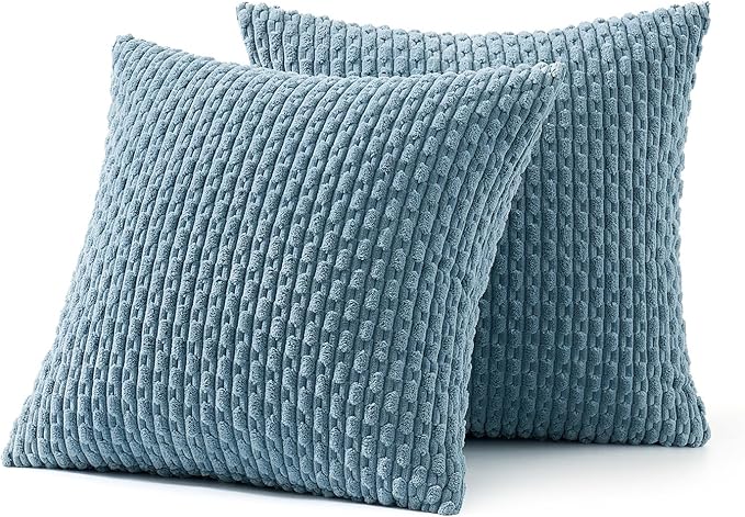 MIULEE Decorative Throw Pillow Covers 16x16 Blue Grey Textured Corduroy | Pack of 2 Striped Pillow Covers Modern Farmhouse Coastal Home Decor for Couch Bed Sofa Living Room