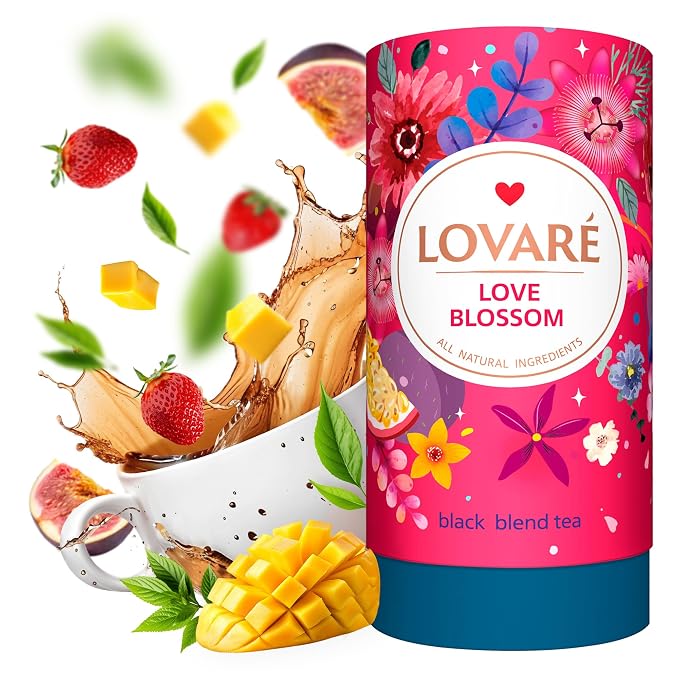LOVARE Love Blossom Loose Leaf Tea 80 g - Black tea blend, Made in Ukraine - Dry Fig, Mango, and Strawberry Pieces, Safflower Petals, Passion Fruit & Mango Flavors - Tea Lovers Gift Box with 15 Paper Filters (Love Blossom)