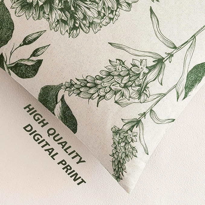Foindtower Set of 2 Linen Floral Throw Pillow Covers Neutral Vintage Print Decorative Cozy Cushion Covers Farmhouse Boho Home Decor for Sofa Chair Couch Bedroom Living Room,20×20 Inch,Dark Green