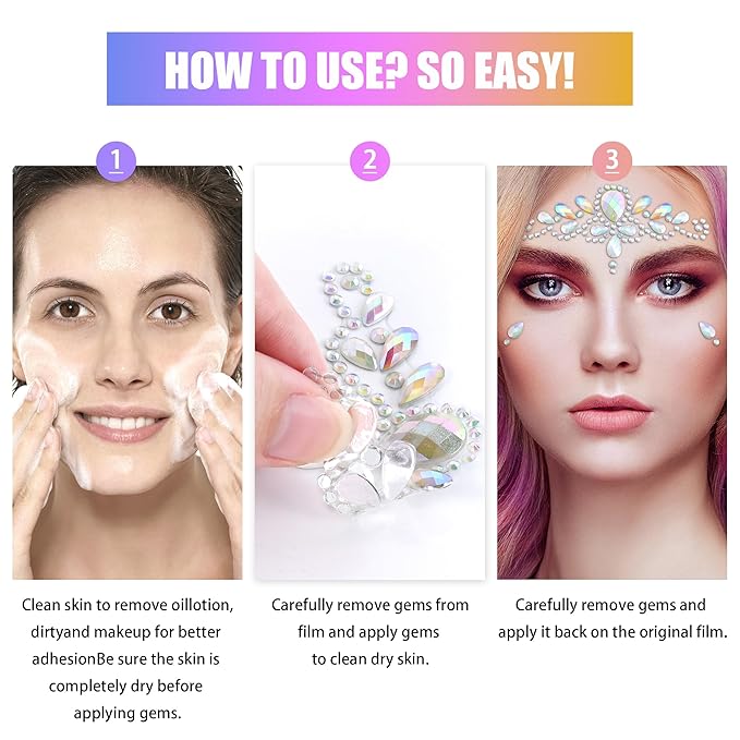 SAOROPEB Face Gems - 6 Sets Mermaid Face Jewels Temporary Tattoo Stickers Acrylic Crystal Glitter Stickers Waterproof Eye Gems Stick On Rainbow Tears Rhinestone for Party, Rave Festival