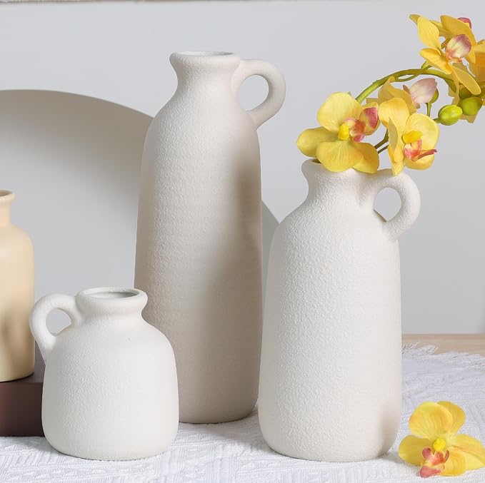 White Ceramic Vase Set of 3 with Handle, Waterproof Vases for Pampas Grass | Farmhouse Vases Home Decor for Dried Flowers, Flower Vase for Table Living Room Home Decor
