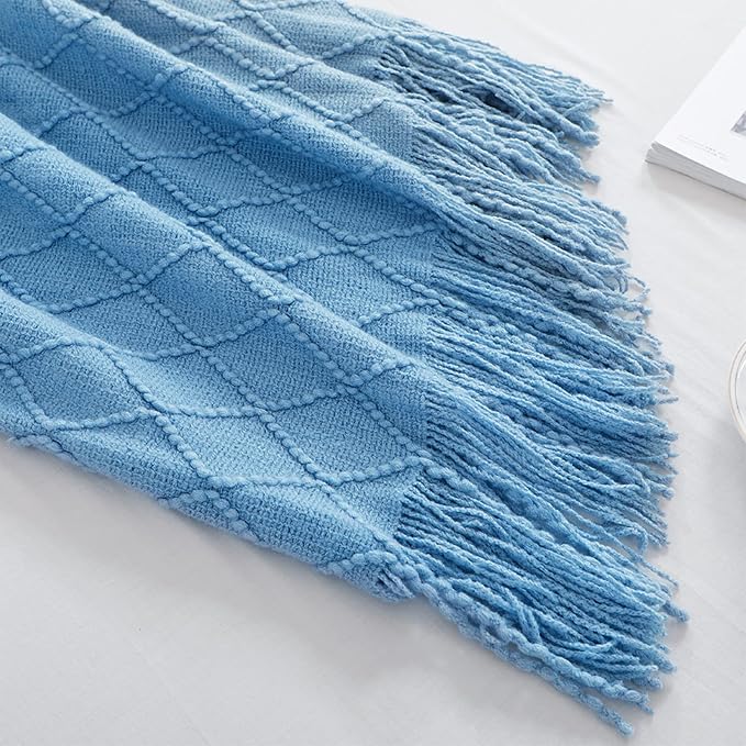 BOURINA Blue Throw Blanket 50x60 Inch Boho Knitted Soft Throw Sofa Blanket | Knitted Throw Blanket 50x60 Inches, Soft Lightweight Boho Weave Throw Decorative Couch Blanket for Living Room Bedroom Chair