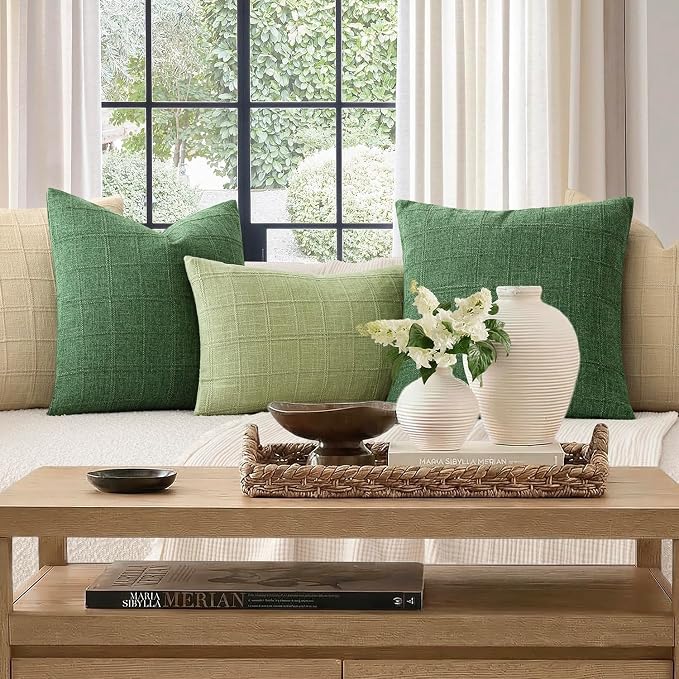 Foindtower Set of 2 Decorative Linen Check Throw Pillow Covers Neutral Farmhouse Vintage Cushion Covers Modern Boho Accent Home Decor for Sofa Chair Couch Bedroom Living Room,20×20 Inch,Forest Green