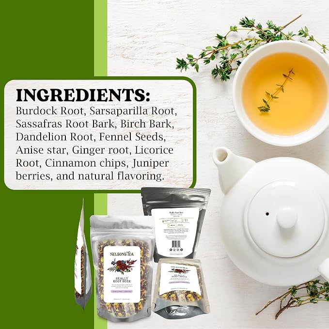 Nelson's Tea Really Root Beer - Cut & Sifted Sarsaparilla Root Tea Loose Leaf - Caffeine Free, Classic Herbal Blend with Burdock, Birch Bark, Dandelion, Licorice, Ginger and More (16 oz)
