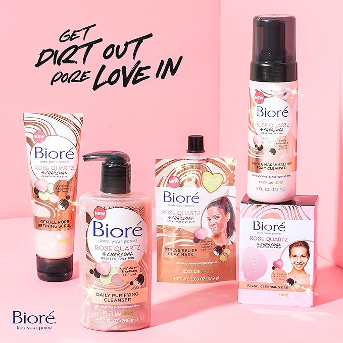Bioré Rose Quartz + Charcoal Daily Purifying Cleanser,Oil Free Facial Cleanser Energizes Skin,Dermatologist Tested and Cruelty Free,6.77 oz,(Pack of 2)