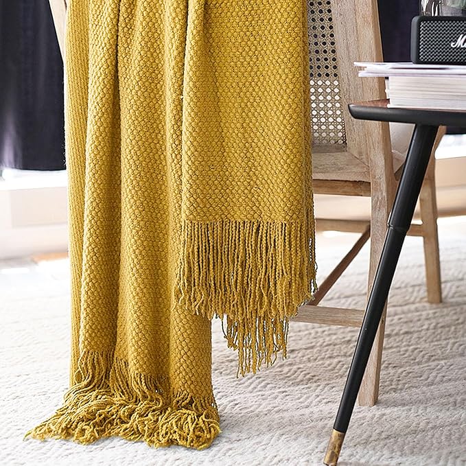 LOMAO Knitted Throw Blanket with Tassels Bubble Textured Lightweight Throws for Couch Cover Home Decor (Mustard Yellow, 50x60)