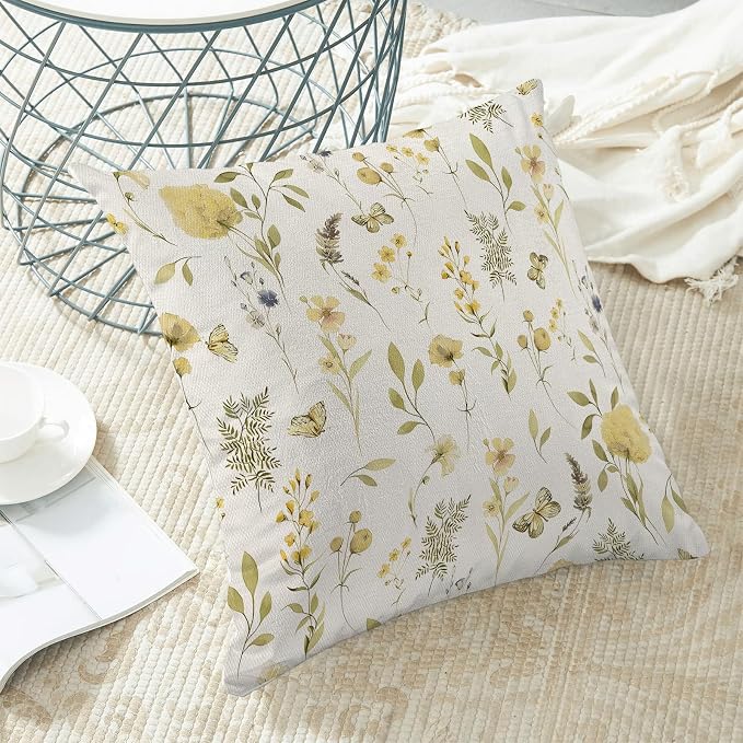Spring Pillow Covers 20x20 Inch Set of 2, Mustard Yellow Green Wild Flower Throw Pillows Case,Colorful Seasonal Floral Plant Outdoor Decorative Farmhouse Decor Cushion Covers for Sofa Bed Couch