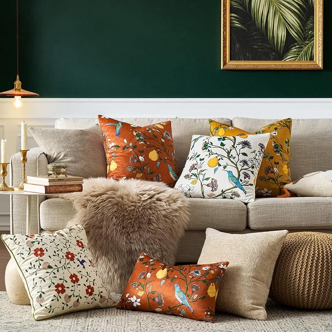 MUSSEL Burnt Orange Floral Vintage Decorative Pillow Covers 18x18 Set of 2 | Soft Velvet,Wild Flower Plant,Throw Pillows Case,Square,Colorful Boho Farmhouse Cushion Covers,Home Sofa Bed Couch Decor