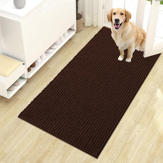 OLANLY Dog Door Mat for Muddy Paws 44x24, Extra Absorbent Chenille Mud Mat | Brown, Absorbs Moisture and Dirt, Non-Slip Machine Washable Doormat, Quick-Drying Indoor Entryway Floor Mat for Dogs