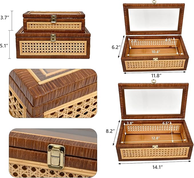 DECOR4SEASON Rattan and Cane Display Boxes with Glass Lid - Set of 2 Stackable Storage Organizers with Snag-Free Solid Wood Base - Rustic Farmhouse Decor for Jewelry, Remotes, and Keepsakes,Brown