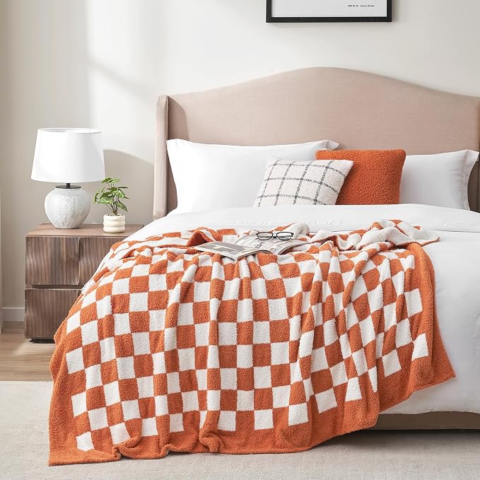 Snuggle Sac Checkered Throw Blanket for Couch, Super Soft, Cozy Warm Knit Blankets, Reversible Plaid Fluffy Throws for Sofa, Bed, Checkered Burnt Orange, 50x60 Inches