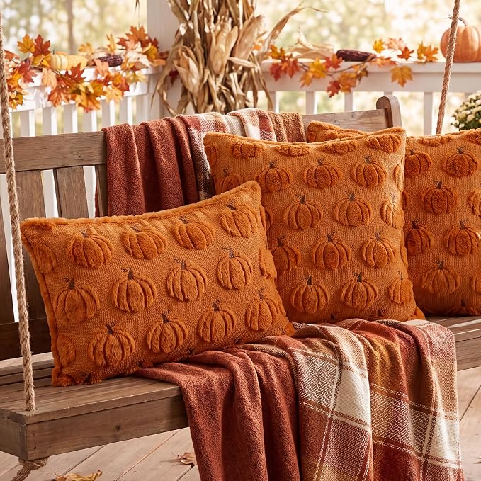 Fall Throw Pillow Covers 12x20 Set of 2 Rust Pumpkin Lumbar Covers | Double sided plush comfort with raised pumpkin embroidery, designed for living beds, armchairs, and cozy fall home decor.