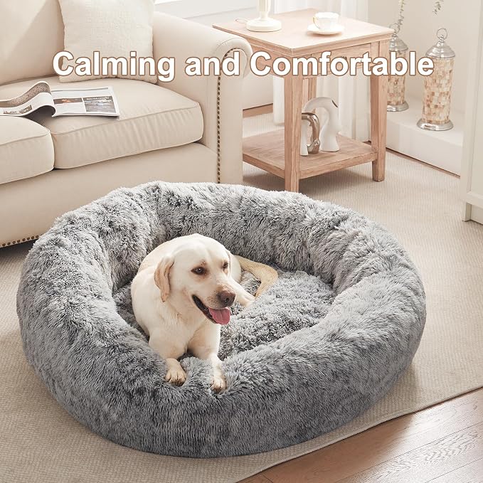 45 in Faux Fur Fluffy Donut Dog Bed for Extra Large Dogs,Dark Grey | Calming Plush Round Jumbo Pet Bed with Removable & Washable Cover,Fits up to 120 lbs Pets