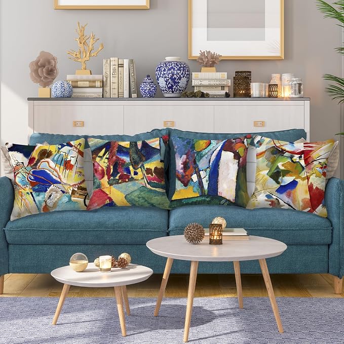 Wassily Kandinsky Abstract Pillow Covers 18x18 Inch Set of 4 Landscape with Two Poplars The Waterfall Painting Decorative Cushion Covers for Sofa Couch