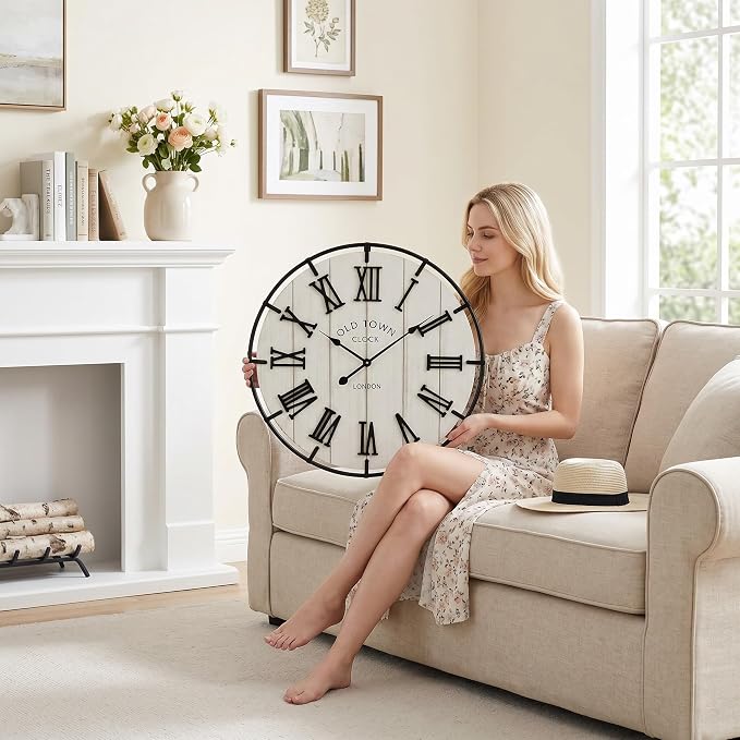 EMAX HOMELarge 24 Inch Farmhouse Style Wall Clock, Distressed Wood Look, Non-Ticking Quartz Movement, Classic Black Roman Numerals and Metal Frame, for Living Room Wall, Bedroom