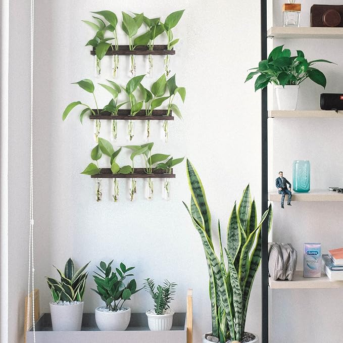 Wall Hanging Plant Propagation Station 15 Glass Test Tubes - Brown | 3 Tiered Vase Planter for Hydroponic Home Garden Office Decor, Gardening Gifts for Women Plant Lover