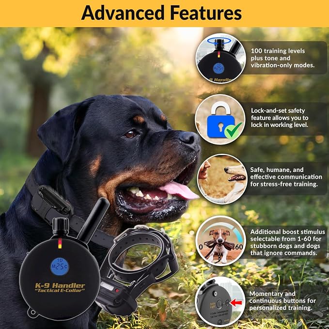 Educator K9 Tactical Dog Handler with Remote, 100 Levels Humane Stimulation, Pavlovian Tone, Waterproof, Odorproof Biothane Bungee Collar, Night Light, Rechargeable, 3/4 Mile 1 Dog, 37" Collar, Black