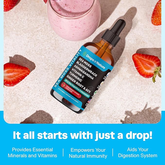 Ashwagandha & Turmeric Liquid Drops - Vitamin C, Sea Moss, Apple Cider Vinegar, Bladderwrack - Vegan Liquid Drops for Comprehensive Wellness Support & Vital Immunity (Strawberry Ginger Lemonade, 60mL)