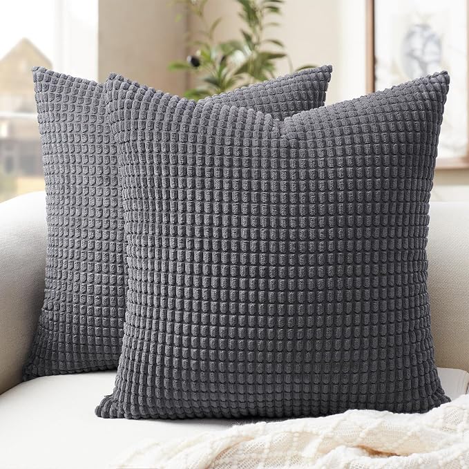 Softalker Corduroy Decorative Throw Pillow Covers 20x20, 2 Pack, Dark Grey | Soft Boho Striped Pillow Cases, Couch Fluffy Cushion Covers for Farmhouse Home Decor Bed Living Room