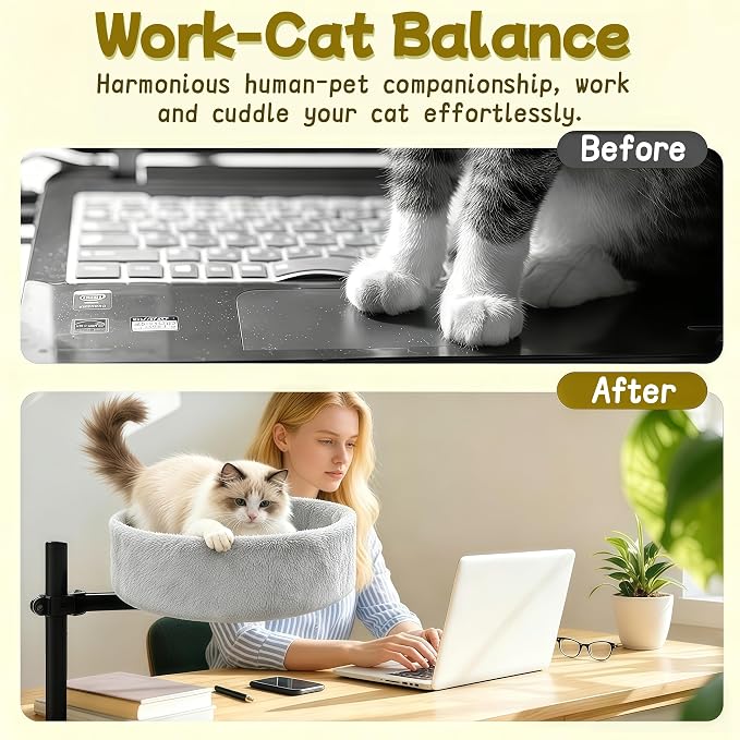 Cat Desk Bed,360° Rotating & Height Adjustable Desk Cat Bed,Space Saving Modern Indoor Cats Nest Furniture Cozy Faux Fur Pet Nest Perch Hammock for Various Desktops,15.7" L*15.7" W*16.9" H,Grey