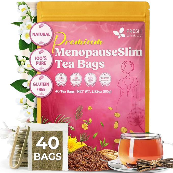 FreshDrinkUS, MenopauseSlim 40 Tea Bags – Herbal Blend with Rooibos, Dandelion Root, Matcha, Licorice, Cardamom & Black Cohosh – Smooth, Earthy Flavor – Premium Quality, Naturally Caffeine-Free Tea