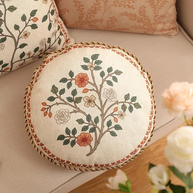 Designer Elegant Linen Throw Pillow Cover,Diameter 16"-Flora B | Vintage French Round Decor Pillow Cover,Concealed Zipper Design,Floral Pattern,Sofas,Bedroom,Living Room,Lounge Chairs