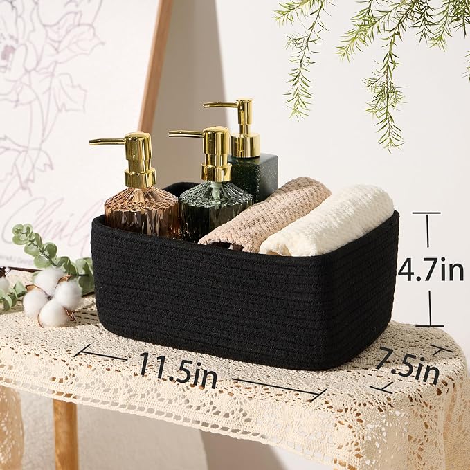 MiniArk Small Storage Baskets for Organizing | Closet Organizer Bins | Shelf Toy Basket | Woven Rope Baskets | Cube Decorative Box | Shallow Basket | 11.5x7.5x4.7” | 3 Packs Black