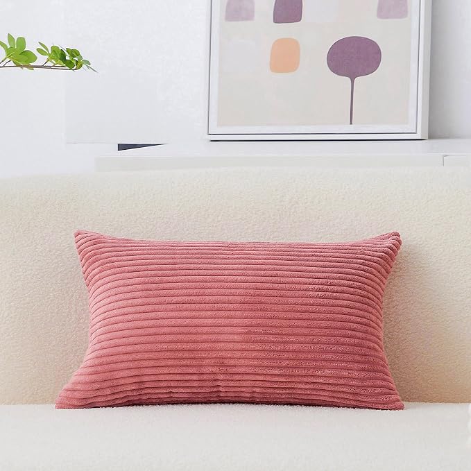 Home Brilliant Lumbar Pillow Cover 12x20 Pillow Cover Striped Corduroy Solid Cushion Cover Oblong Pillowcase for Girl Gifts, 12 x 20 inches, Dry Rose Pink