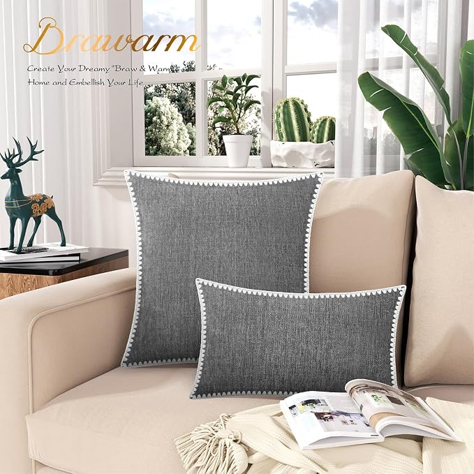 BRAWARM Chenille Throw Pillow Covers 18x18 Inches, Gray, 2 Pack | Decorative Pillow Covers with Shell Edge, Soft Cushion Cases for Sofa Bed Living Room Home Farmhouse (No Insert)