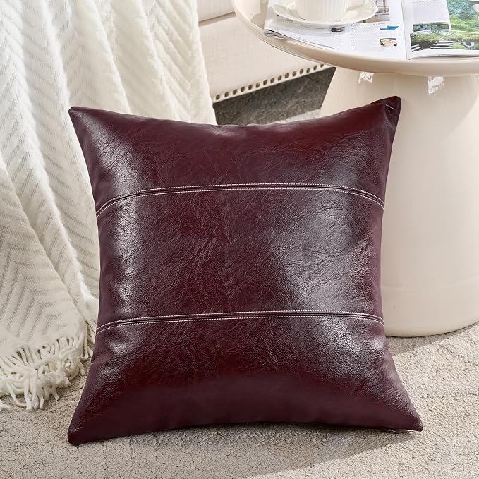 Fancy Homi Burgundy Faux Leather Decorative Throw Pillow Covers 20x20 Inch for Couch Bed Sofa, Rustic Modern Farmhouse Boho Home Decor, Wine Red Hand Stitched Accent Square Cushion Case 50x50 cm