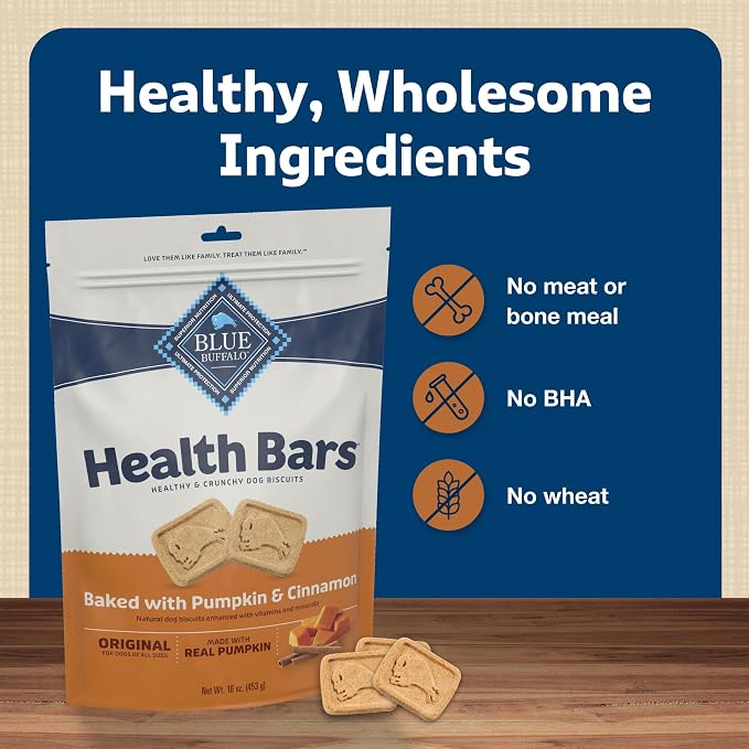 Blue Buffalo Health Bars Pumpkin & Cinnamon Crunchy Dog Biscuits, Oven-Baked with Pumpkin & Natural Ingredients, Healthy Dog Treats with No Artificial Flavors or Preservatives, 16 oz. (Pack of 4)