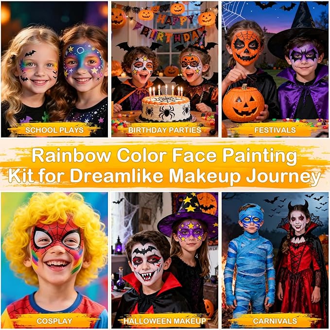 41 Color Face Painting Kit for Kids & Adults, Non-Toxic Water Activated Face Paint Palette with 28 Crayons, Reusable Stencils, Brush, Sponge, Gems - for Halloween, Birthday Party, Costume Makeup