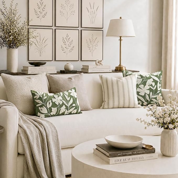 Decorative Lumbar Pillow Cover 12x20 Inch, Olive Green Floral Tufted Velvet Accent Pillow Case for Sofa Bed Living Room, Cover Only
