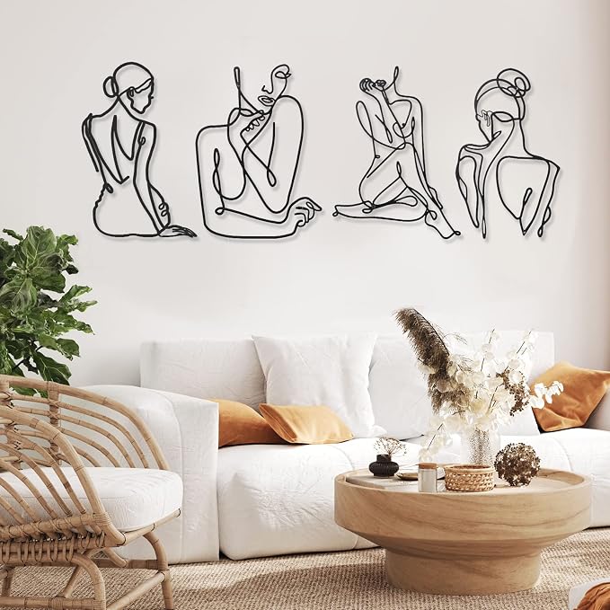 Photect 4 Pieces Metal Wall Art Decor Black Single Line Art Drawing Minimalist Abstract Female Woman Wall Sculptures Hanging Decor Accents for Bathroom Living Room(Classic)