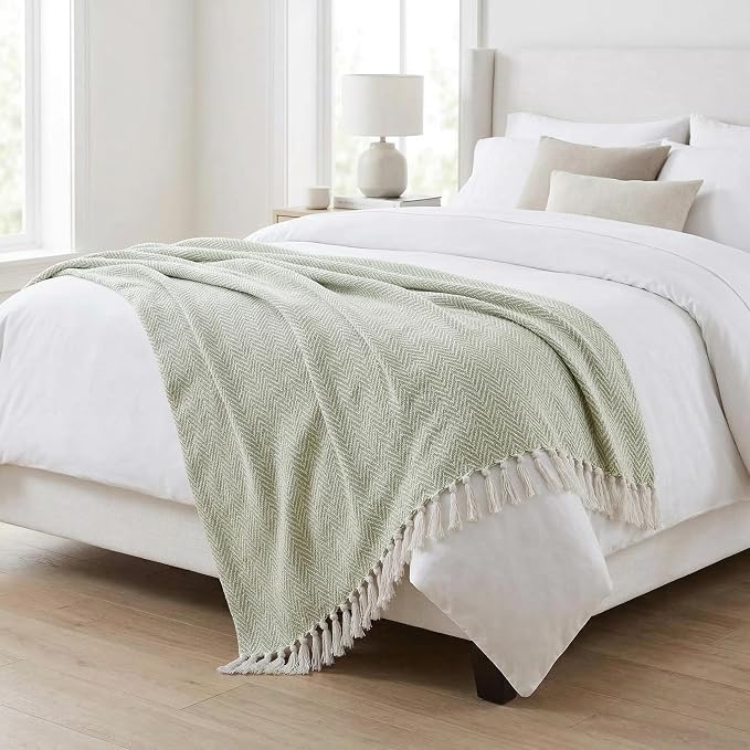 Americanflat 50x60 Throw Blanket - Soft and Breathable Cotton Throw Blanket for Couch, Bed, Chair - Decorative Blankets Perfect for Home or Outdoor Use - Light Green and White Herringbone Design