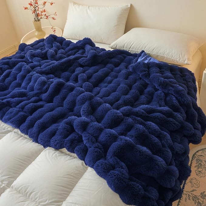 LIFEREVO Luxury Fluffy Faux Rabbit Fur Throw Blanket 60x80, Navy Blue | Plush Fuzzy Bubble Lap Throw for Couch Sofa Office, Soft Cozy Royal Furry Bed Blanket Home Decor, Washable & Skin-friendly