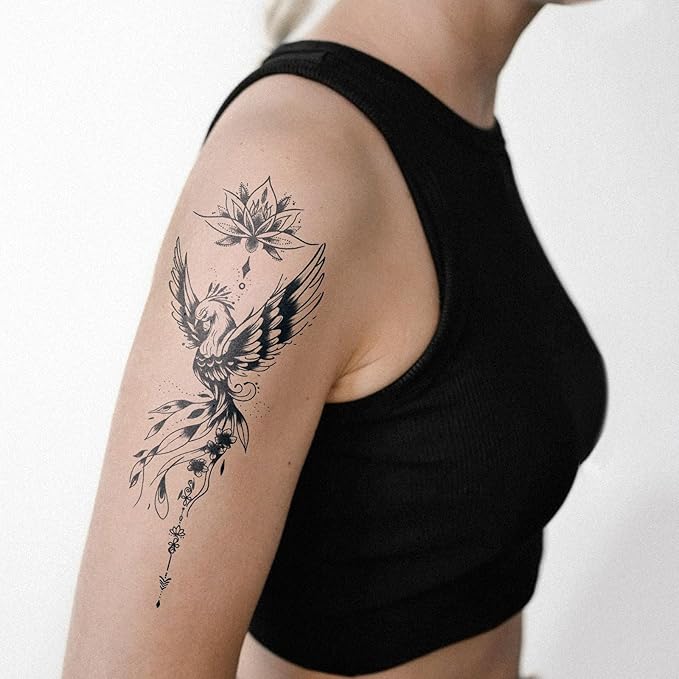 Semi Permanent Tattoos, 2 Sheets Realistic Large Bohemian Phoenix Lotus & Geometric Arrow Temporary Tattoos for Women Men Back Chest Arms Calf, 2 Weeks Fake Tattoos, Waterproof & Non-Reflective