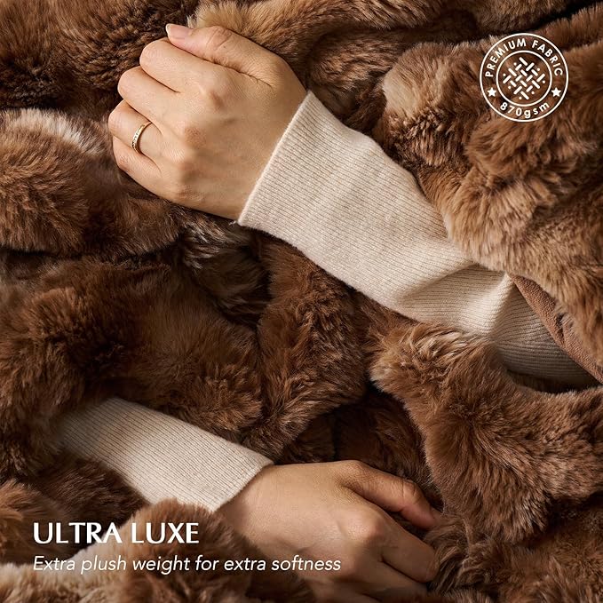 Faux Rabbit Fur Bubble Throw Blanket, 50"x60", Lion Caramel | Ultra Soft, Luxury Faux Rabbit Fur Throw, Thick Warm Bubble Blanket, Cozy Fluffy Reversible, for Bed, Couch, Chair, Sofa