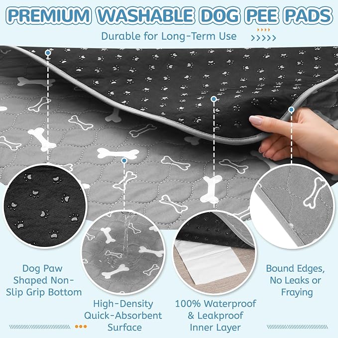 Washable Pee Pad for Dogs, 2 Pack Large Reusable Puppy Pads, 36"x48" | Super Absorbent, Waterproof & Leakproof, Non-Slip Bottom, Machine Washable, For Floors, Beds, Couches, Crates, Carpets, Cars
