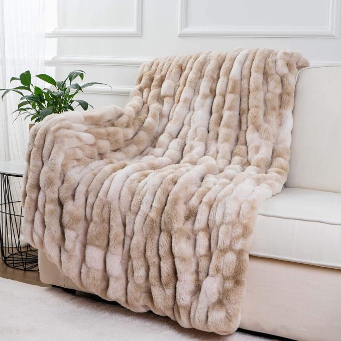 BATTILO Luxury Faux Fur Throw Blanket for Couch, 50"x60", Tie-dye-Beige
