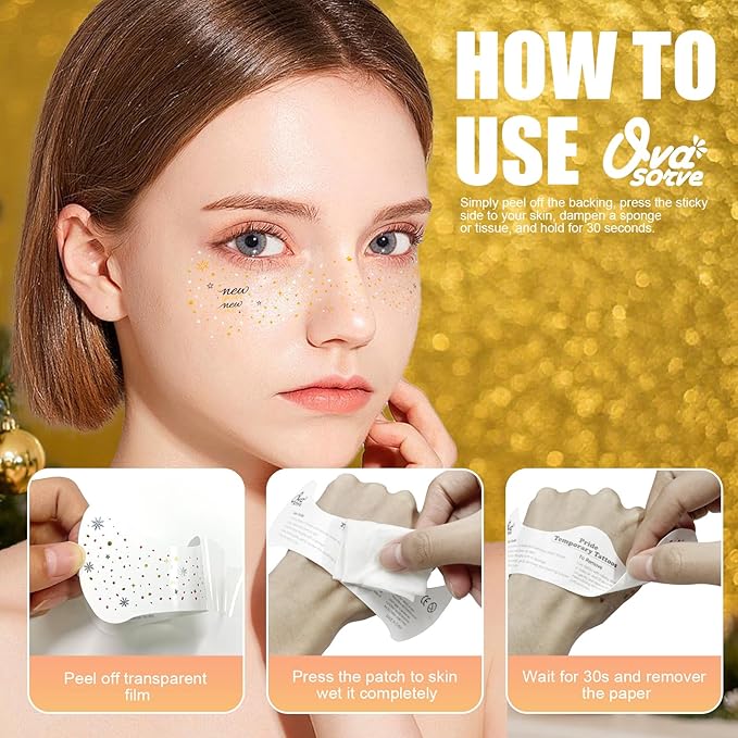New Year New Me Face Tattoo - Glittering Freckles Stars & Fireworks in Metallic Gold & Silver | Waterproof Facial Gems for NYE Transformation, New Years Eve Party Supplies 2026 & Celebration