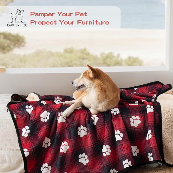 Washable Waterproof Dog Blankets for Large Dogs 50"x60" | Soft Fluffy Pet Blanket for Couch Sofa Car Crate, Bed Furniture Protector, Reversible Sherpa Fleece Dog Blanket Christmas
