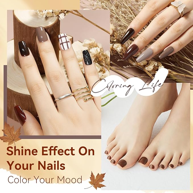 MIZHSE Quick Dry Brown Nail Polish, 6 Colors White Khaki Glitter Fall Winter Nail Polish Set Coffee Chocolate Collection Nail Lacquer Manicure DIY Nail Art Salon Home Gift for Women Girl