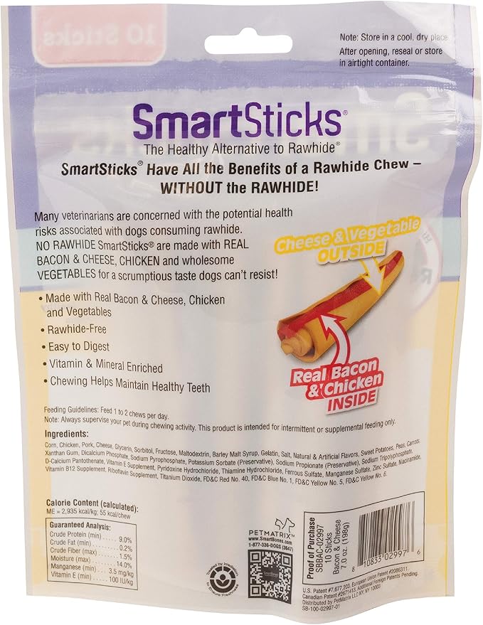 SmartBones SmartSticks Rawhide-Free Dog Treats, Bacon & Cheese, 10 Count | With With Real Bacon & Cheese, Easy To Digest Chew, Vitamin & Mineral Enriched, Helps Maintain Healthy Teeth, For Small Dogs