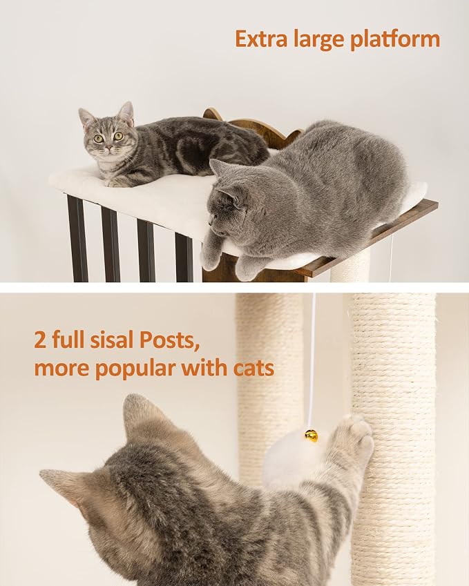 43.8in 3-Tier Modern Cat Tree Tower Condo, Cat Scratch Posts for Indoor Cats, Big Plate, Two 19.7in Full Sisal Scratching Posts, Rustic Brown