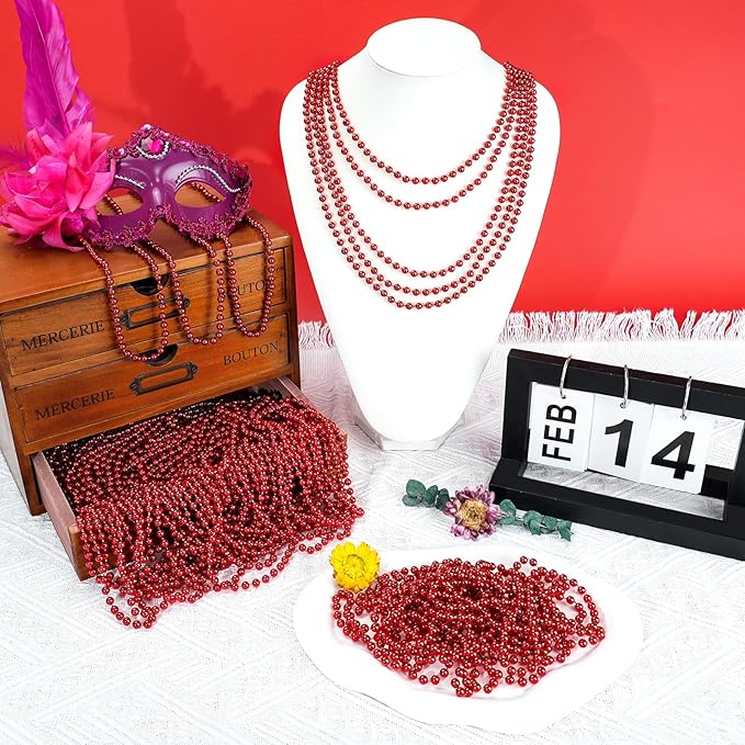 SHAOQINLIN 12 PCS Red Mardi Gras Beads, Red Beads Necklaces Christmas Necklace, 33" Metallic Party Bead Necklace for Valentines Christmas Parade Throws Wedding Birthday Party Favors