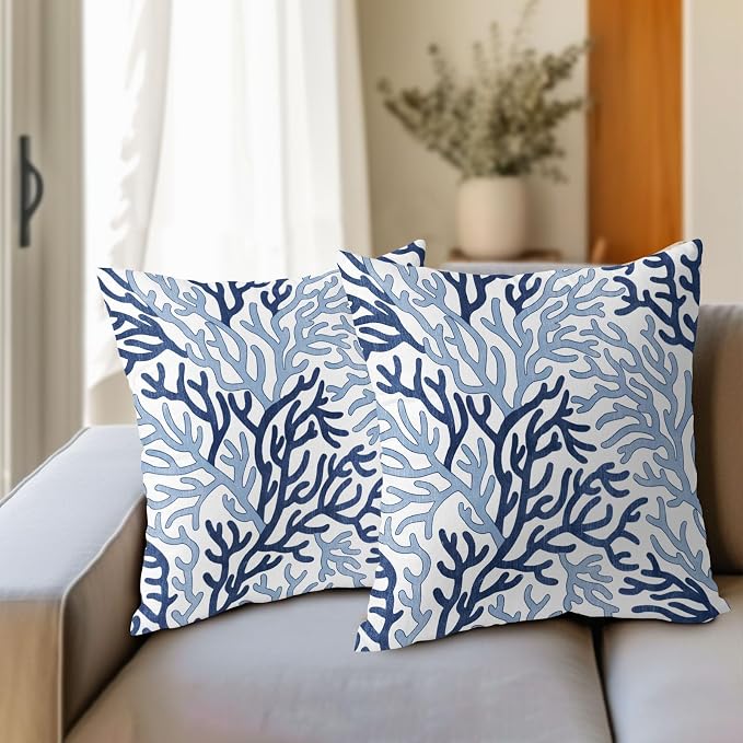 Nautical Coastal Coral Blue White Pillow Covers 16x16 Inch Set of 2 Summer Ocean Themed Beach Pillow Cases Outdoor Linen Square Cushion Cover Farmhouse Decor for Bedroom Home Sofa Couch Bed