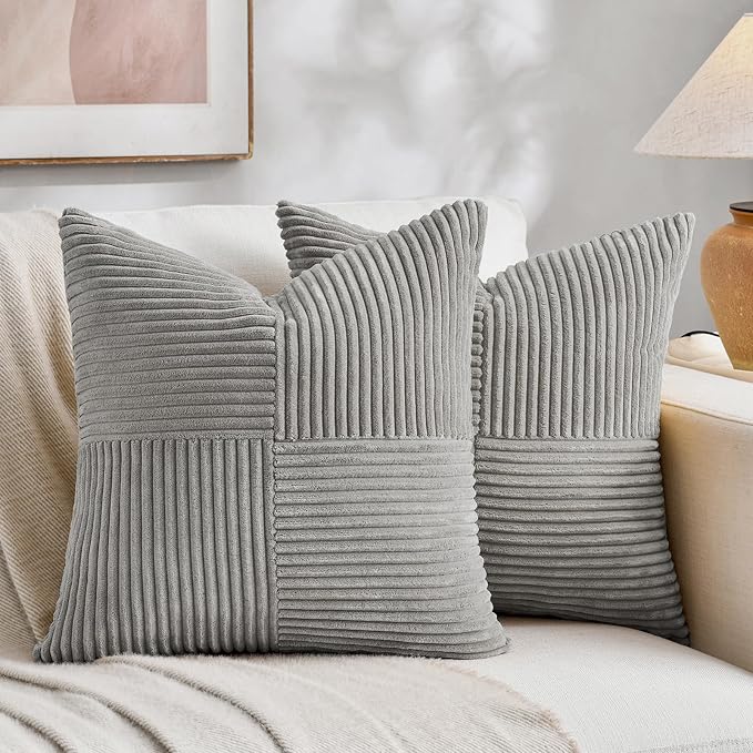 Fancy Homi 2 Packs Grey Big Decorative Throw Pillow Covers 24x24 Inch for Couch Bed, Rustic Farmhouse Boho Home Decor, Soft Corss Corduroy Patchwork Accent Square Gray Cushion Case 60x60 cm