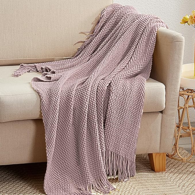 LOMAO Knitted Throw Blanket with Tassels Bubble Textured Lightweight Throws for Couch Cover Home Decor (Brownish Pink, 50x60)