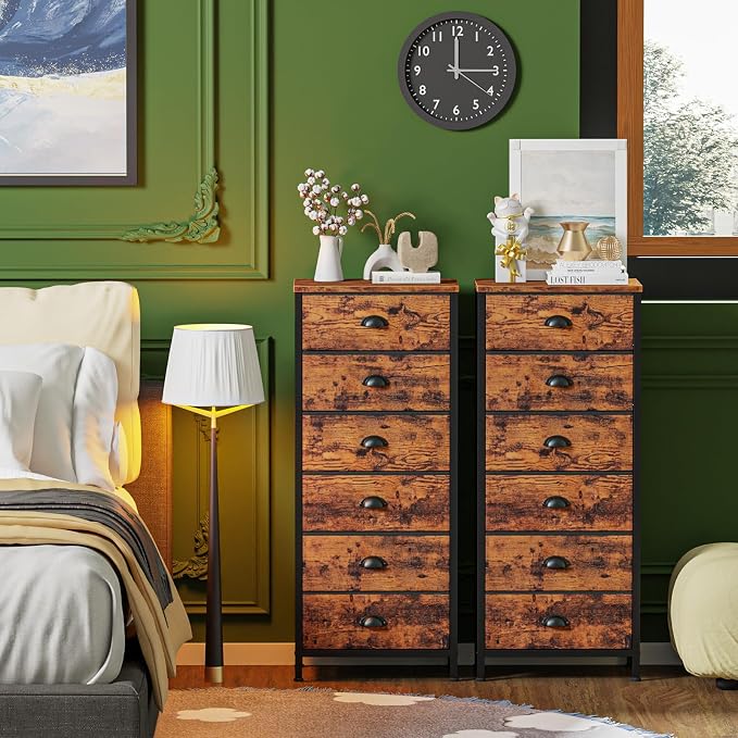 Dresser for Bedroom, 6 Bins Tall Fabric Storage Drawers | Rustic Brown Chest of Drawers , Metal Frame, Wood Top,Tall Nightstand for Dorm,Closet, Bedside Furniture in Living Room